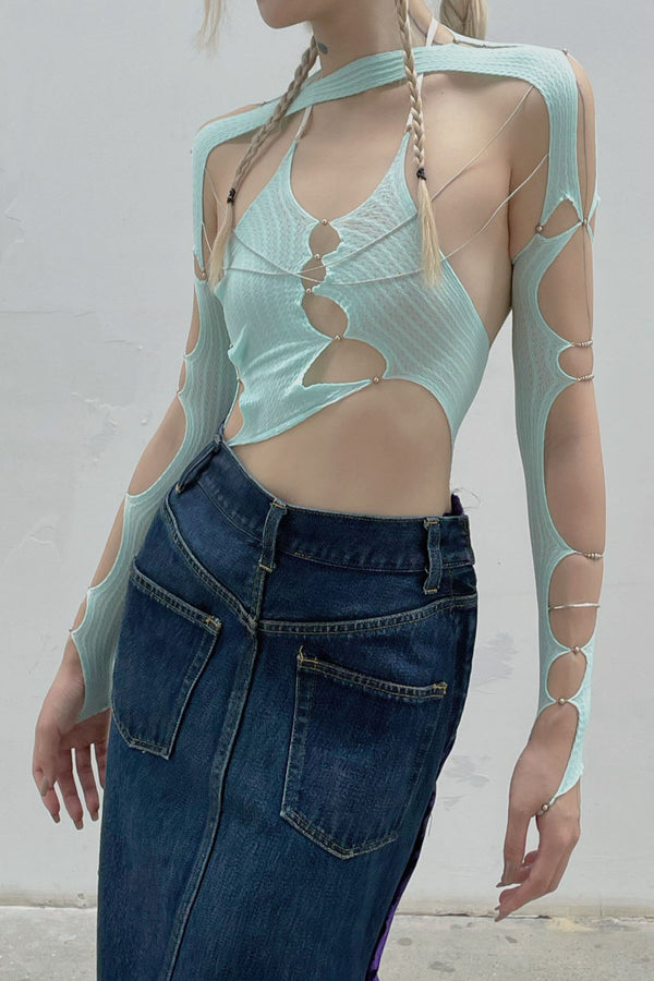 Rui Zhou Raglan Sleeves Pearl Metal Chain Elasticity RUI-RAW22SF01-QIANLAN Cyan Light Blue